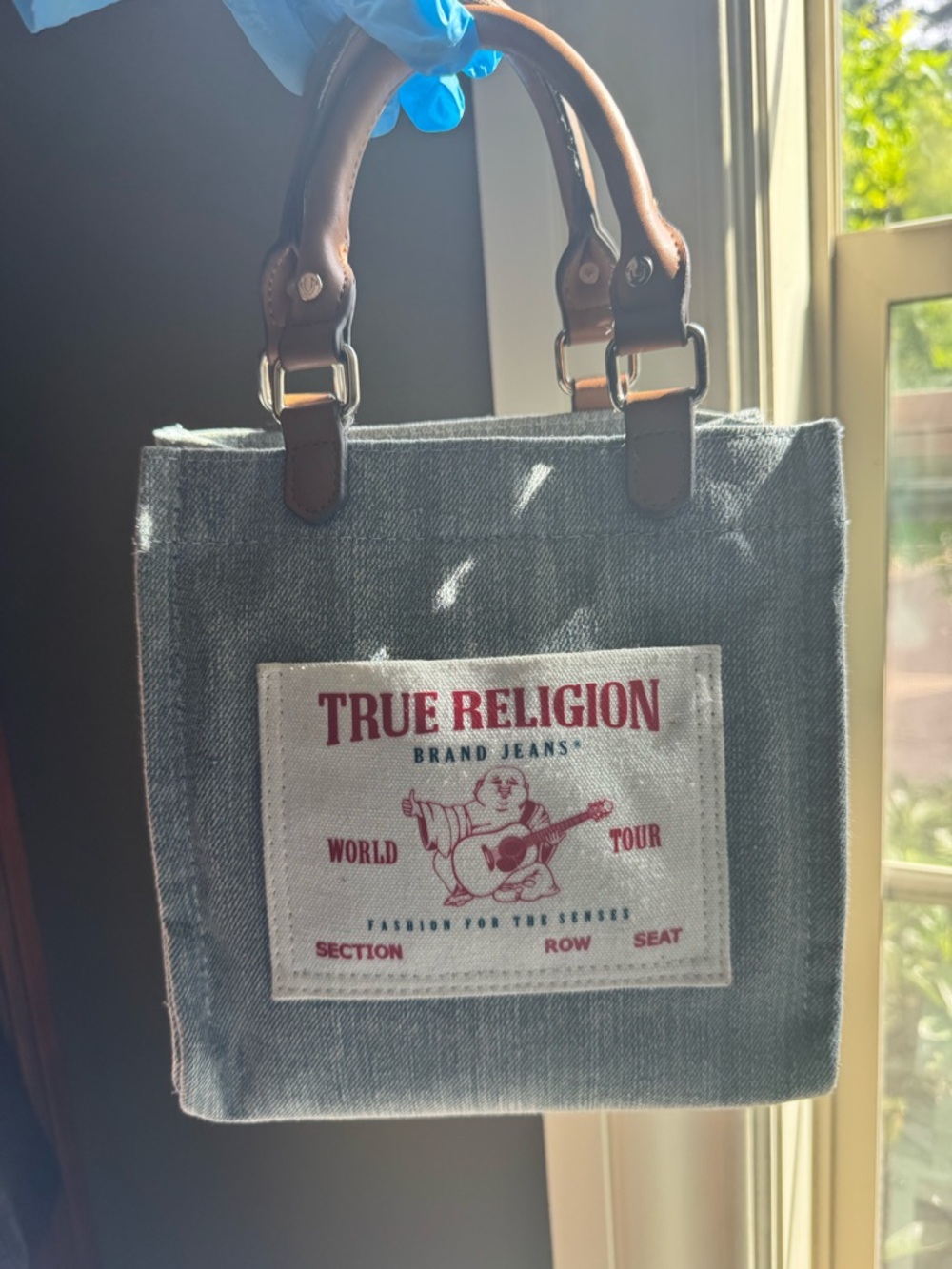 True Religion Denim mini Tote Bag Blue Denim with Brown leather Handles & silver